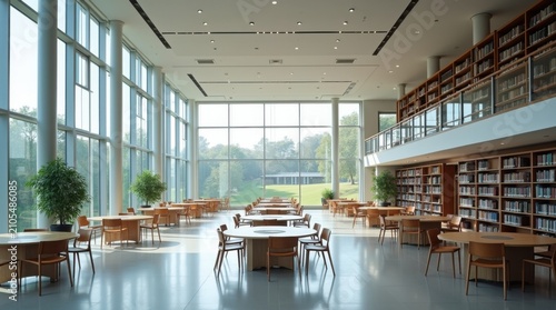 Biblioteca universitaria contemporánea con grandes ventanales y mesas de estudio minimalistas
