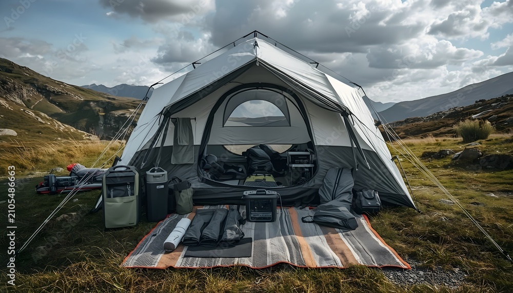Obraz premium Camping setup in the mountains with a large tent, chairs, and camping gear on a rug