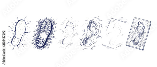 Cuadro en lienzo Human footprint sketch boot print set of ecological shoe tracks and hand drawn bare feet impressions representing environmental impact, carbon footprint concept, and geological traces on white