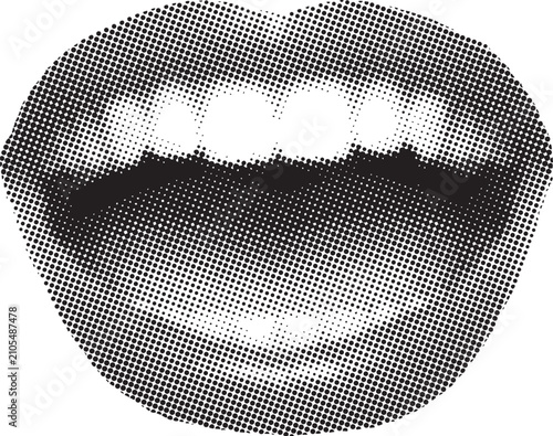 Halftone pop art style illustration of a smiling mouth with visible teeth