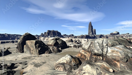 Barren Landscape with Rock Formations and Distant Structures.
