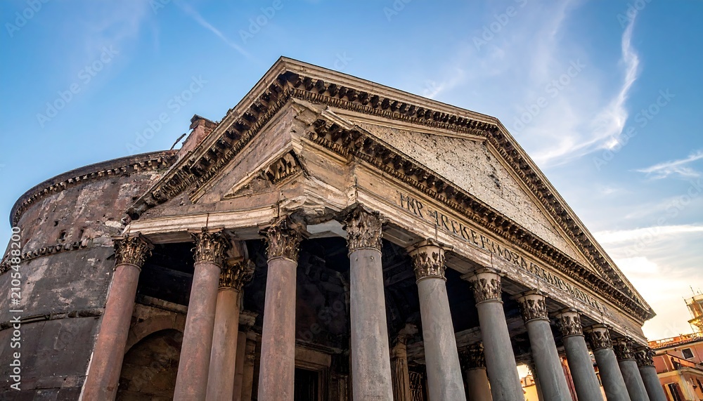Obraz premium Ancient stone building with triangular pediment and columns under blue sky