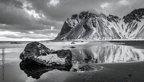 Dramatic Black and White Landscape of Vestrahorn Mountain in Iceland.