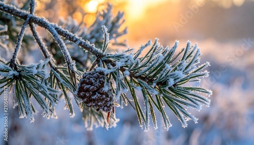 Frosty Pine Branch and Cone in Winter Sunlight.