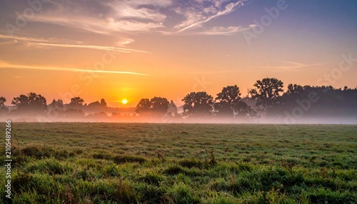 Serene Sunrise Over Misty Meadow - A Landscape of Tranquility and Dawn.
