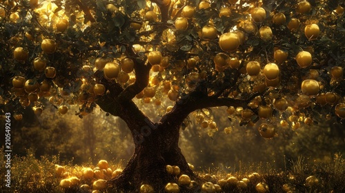 Golden apple tree in a sunlit orchard. Lush foliage and many golden apples on branches.  Sunlight illuminates the scene