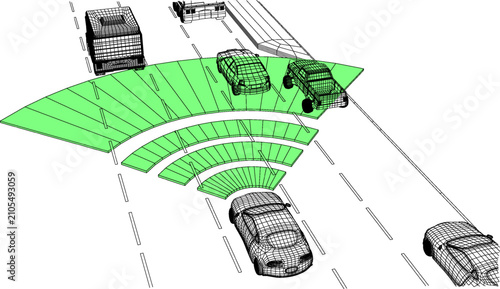 Cars using radar technology for autopilot on a highway with multiple lanes