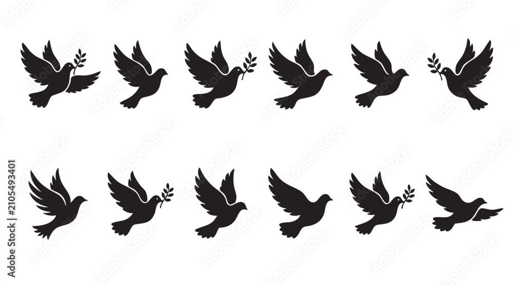 Fototapeta premium Peace Dove Icon Set Bundle | Flying Dove with Olive Branch Vector Collection | Bird Silhouette Clipart for Peace, Wedding, Freedom, Religious & Nature Design