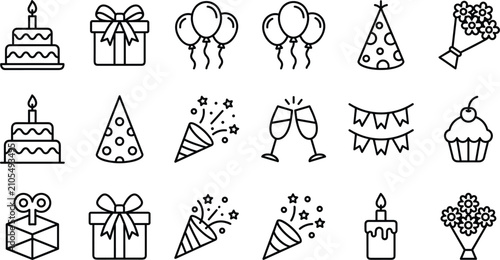 Quadro su tela Birthday party celebration line icon set cake gift balloon hat popper champagne