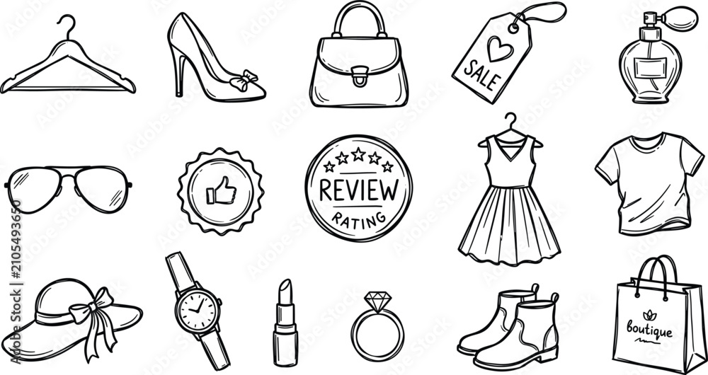 Obraz premium Shopping fashion and boutique line icon set cute doodle dress bag shoe hanger badge ring vector