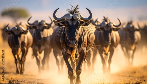 African zebras and wildebeests grazing in savanna.