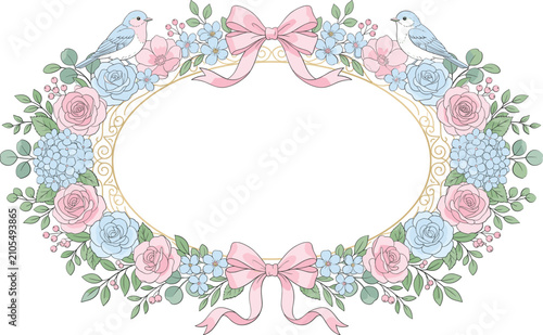 Elegant vintage style floral frame vector illustration, with golden border birds roses and ribbonsElegant vintage style floral frame vector illustration, with golden border birds roses and ribbons