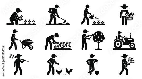 Black vector silhouette pictogram icon set of farmers engaged in various agricultural activities, including harvesting, planting, watering, and driving a tractor.