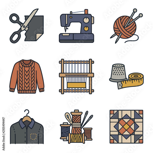 sewing machine and tools icons.