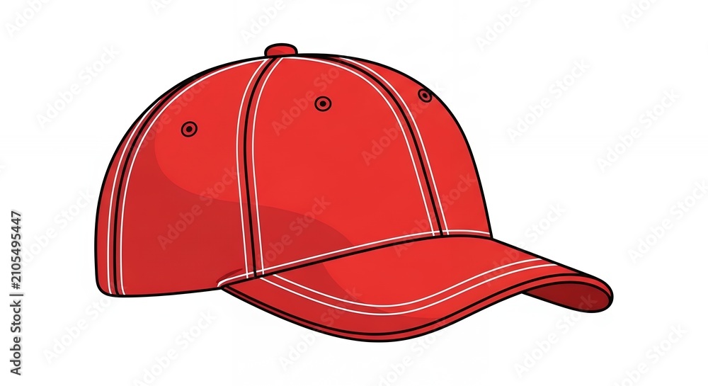 Fototapeta premium Classic Red Baseball Cap Illustration with White Stitching Detail Isolated on Plain White Background for Design