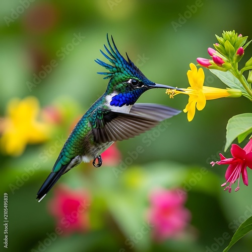 Colorful Crested Hummingbird Feeding From Yellow Flower in Tropical Garden