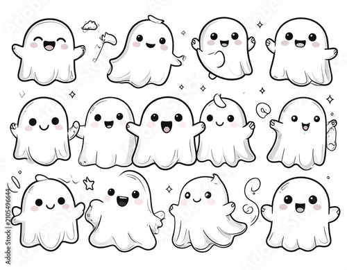 Kawaii ghost clipart collection with winks, kisses, magic spells, and whimsical cartoon details.
