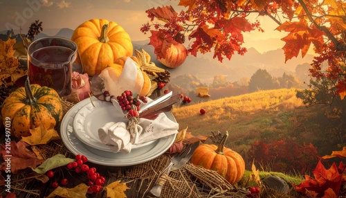 Autumnal Feast - Pumpkins, Plates, and Cranberry Delight in a Rustic Setting.
