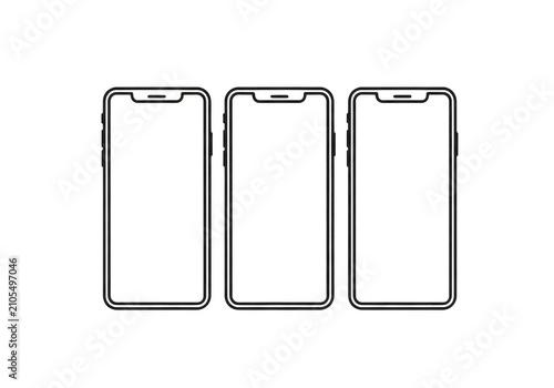 Three iphone outlines in a minimalist design lineup isolated on transparent background