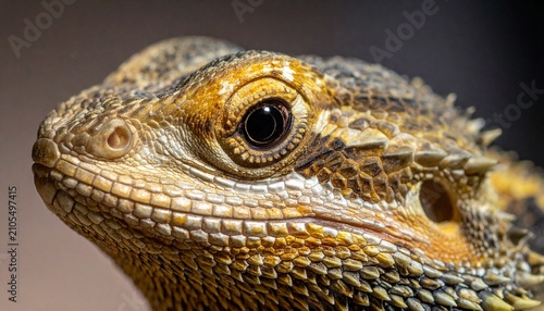 Close-up of a Bearded Dragons Head Showing Scales and Eye Detail.