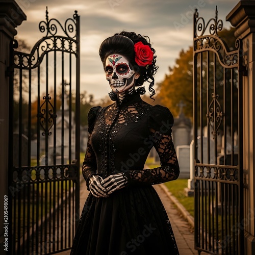 Elegant Woman with Sugar Skull Makeup Standing at Ornate Cemetery Gate