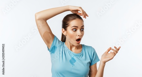 Young Woman Shocked by Large Sweat Stains on Blue T-shirt After Exercise or in Hot Weather