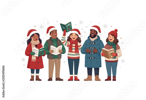 Bild auf Leinwand Group Of People Singing Carols Colorful Vector Illustration