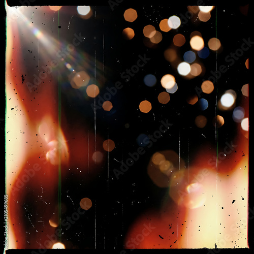 light leak overlay effect with scratch dust and bokeh light leaks, retro grain noisy film distressed texture light leak flare on black background, retro film texture.