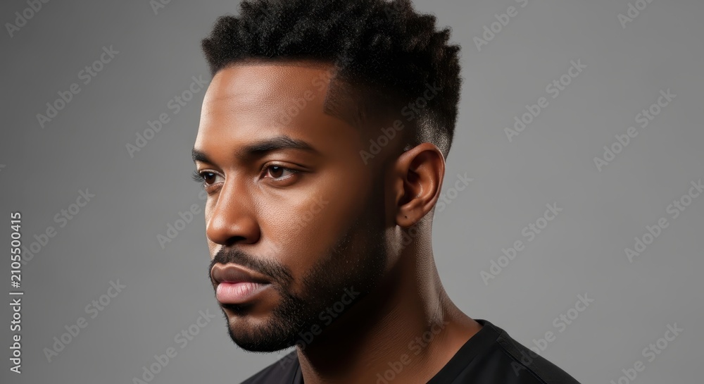 Obraz premium Portrait of a Confident Young Black Man with Groomed Beard and Stylish Fade Haircut Against Grey Studio Background