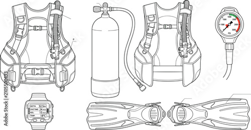 Professional Scuba Diving Equipment Set Featuring Buoyancy Control Device, Air Tank, Pressure Gauge, and Dive Computer