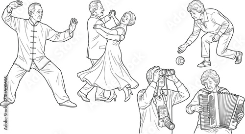 Set of Line Art Illustrations Featuring Active Senior Citizens Enjoying Various Hobbies and Leisure Activities