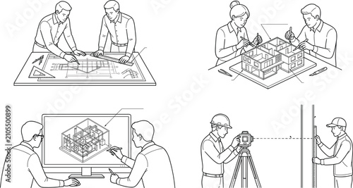 Set of Line Art Illustrations Showcasing Professional Architects and Engineers at Work on Building Projects