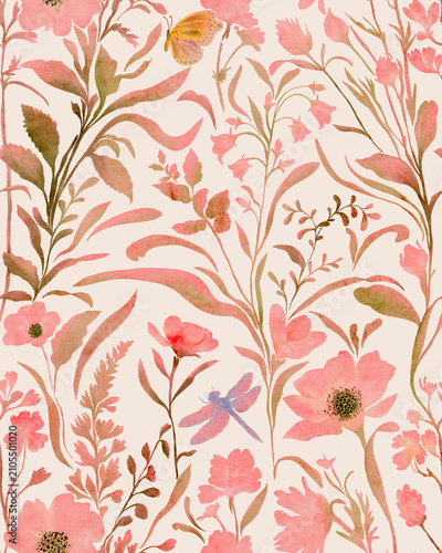 Pink flowers bloom softly against a gentle cream background