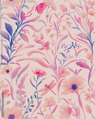 Quadro su tela Watercolor flowers bloom softly in pink and violet hues