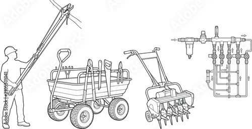 Set of Line Art Illustrations Showcasing Professional Gardening Equipment and Irrigation System Maintenance Tools