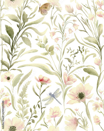 Soft watercolor blooms in pale pinks and greens