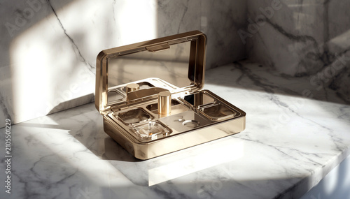 Luxury open cosmetic compact case on marble surface with elegant lighting realistic beauty packaging mockup for makeup branding and product presentation