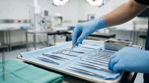 Surgeon taking surgical instrument from instrument tray in operating room. Plastic surgery medical procedure preparation. Professional healthcare clinic equipment for body correction.