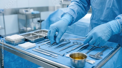 Surgeon picking up steel instrument from tray for plastic surgery. Medical professional preparing surgical tools in operating room. Healthcare procedure and aesthetic medicine science.