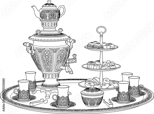 Traditional Ornamental Samovar Tea Service Set Featuring Decorative Glass Cups and Three-Tier Dessert Stand