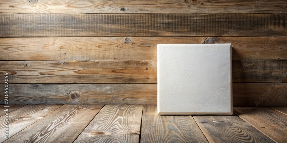 Fototapeta premium Blank Canvas on Rustic Wooden Floor and Wall Ready for Artistic Expression