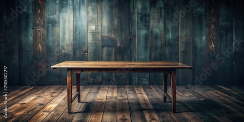 Rustic Wooden Table Against a Weathered Plank Wall, Perfect for Product Displays or Vintage Settings
