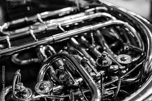 Black and white close-up of French horn rotary valves and brass tubing