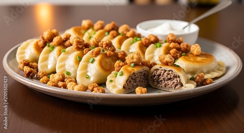 Golden Pan Fried Meat Dumplings Served with Crispy Topping on Wooden Table