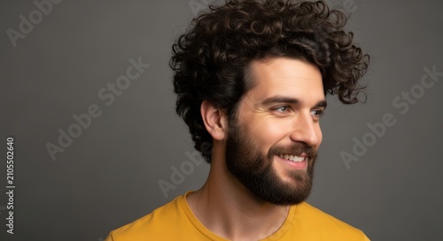 Portrait of a Handsome Young Man with Curly Hair and Beard Smiling Against a Grey Background