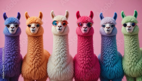 Colorful alpacas in sunglasses on pink background