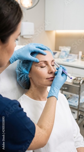 Plastic surgeon drawing marking lines on eyelid of woman patient before blepharoplasty surgery. Cosmetic procedure in clinic for face rejuvenation. Professional aesthetic medical concept.