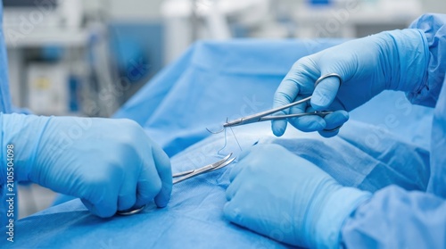 Surgeon performing plastic surgery procedure with medical instrument. Professional doctor stitching suture on operation table in clinic. Healthcare equipment for aesthetic medical intervention.
