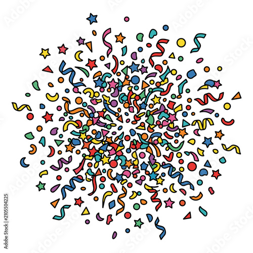A dense, vibrant explosion of multicolored confetti creates a festive scene. Numerous small shapes and streamers are scattered joyfully.