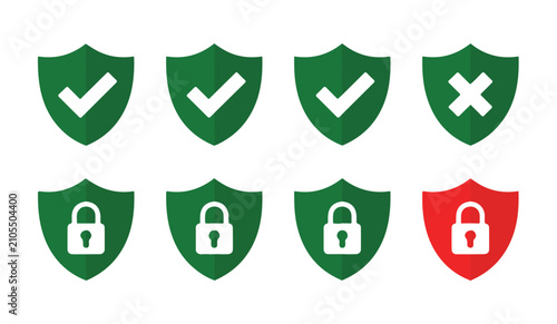 Foto Green shields with check marks and locks, red shield with cross for security and warning